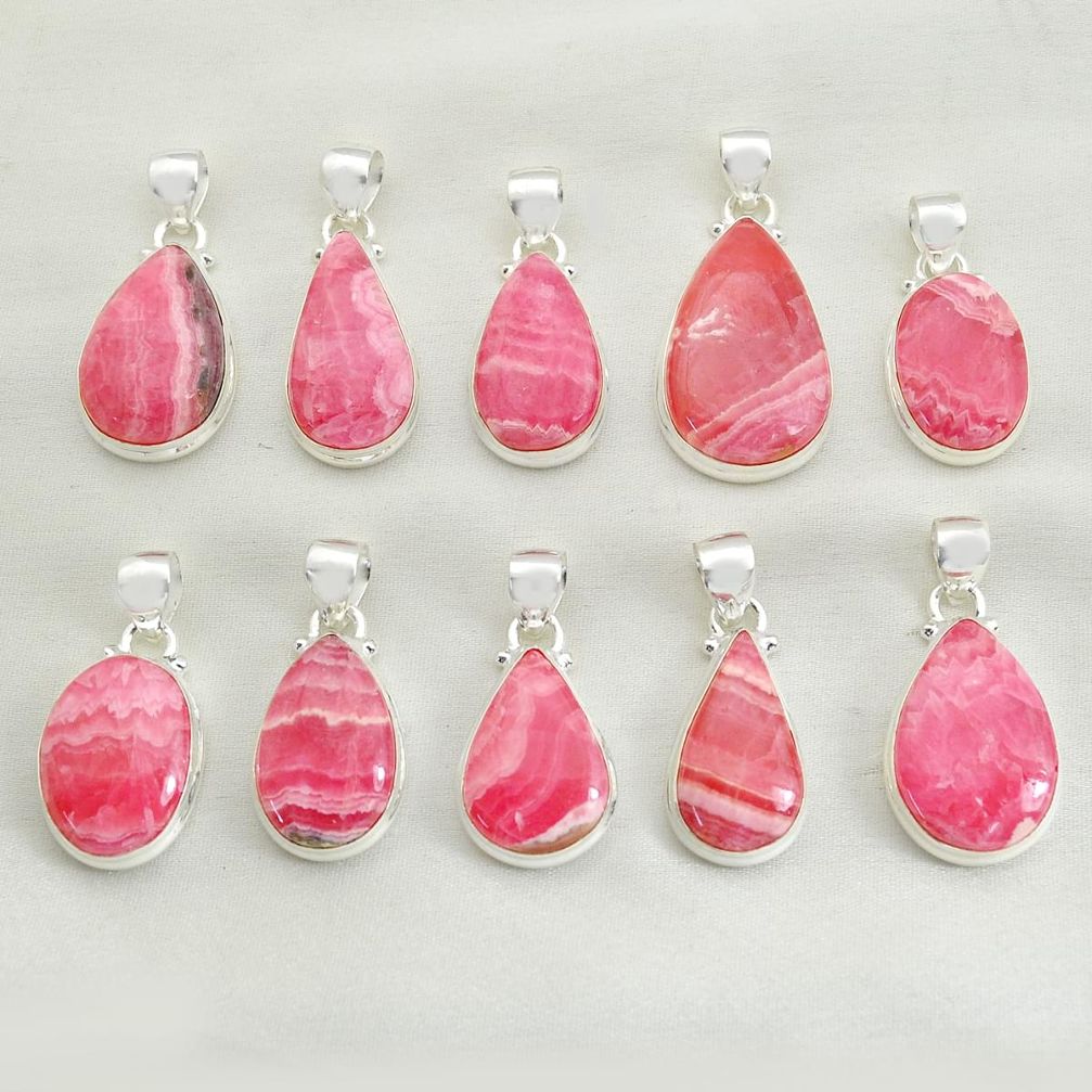 Wholesale lot of 10 natural pink rhodochrosite 925 silver pendant w1413