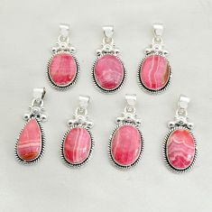 Wholesale lot of 7 natural pink rhodochrosite 925 silver pendant w1415