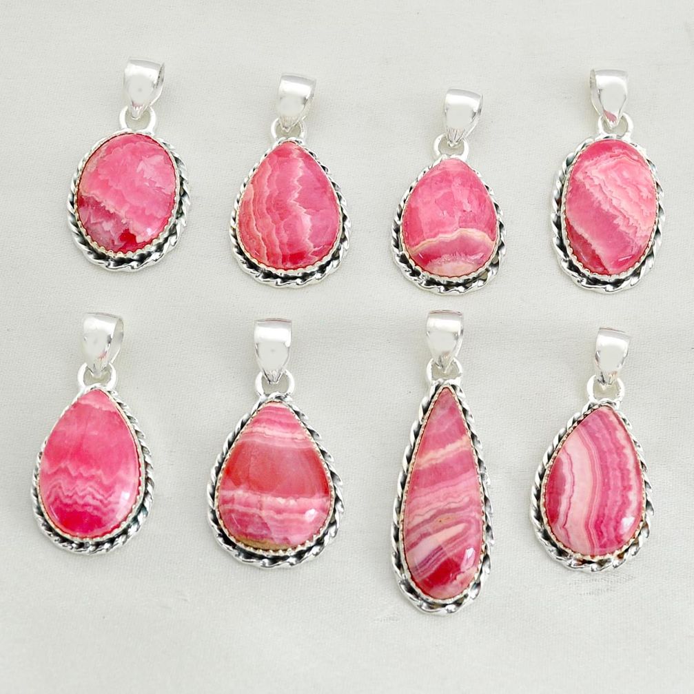 Wholesale lot of 8 natural pink rhodochrosite 925 silver pendant w1416