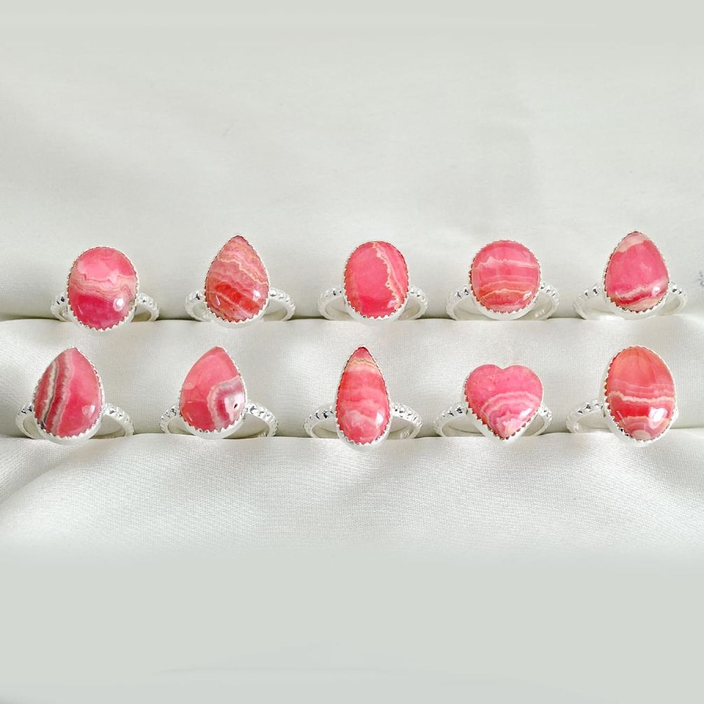 Wholesale lot of 10 natural pink rhodochrosite  925 silver ring (size 7 - 8.5) w1417