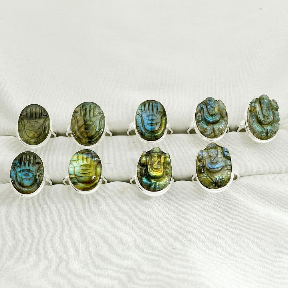Wholesale lot of 9 natural blue labradorite 925 silver ring (size 6.5 - 10) w1451