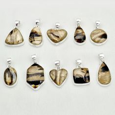 Wholesale lot of 10 natural brown plum wood jasper 925 silver pendant w1474