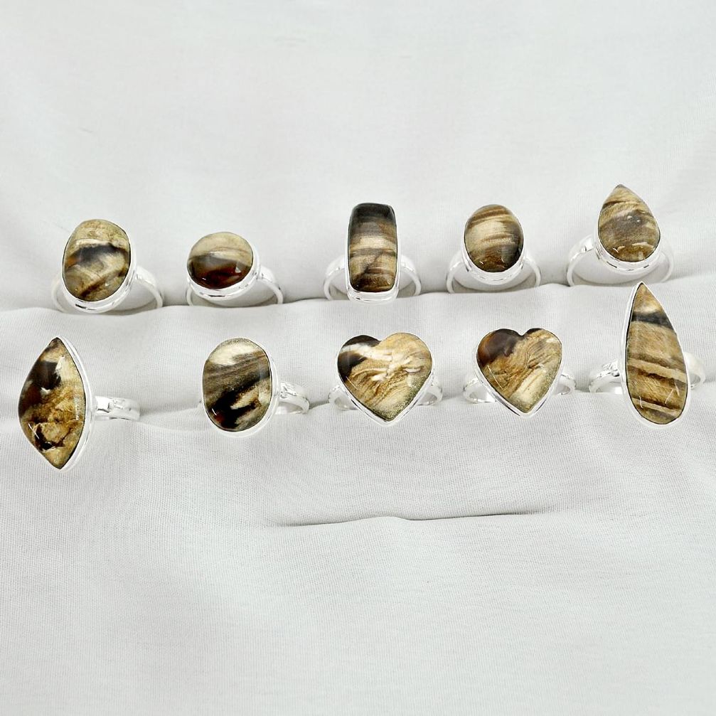 Wholesale lot of 10 natural brown plum wood jasper 925 silver ring (size 6 - 10) w1475