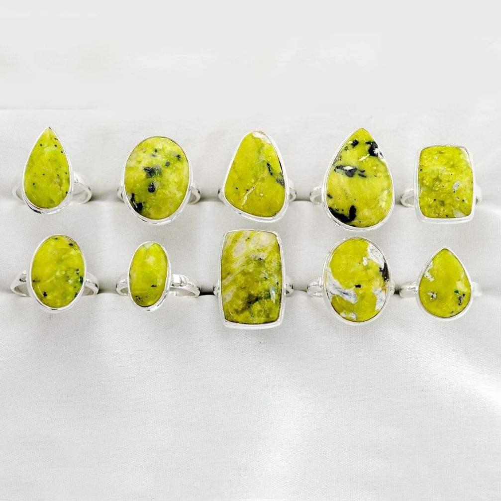 Wholesale lot of 10 natural yellow lizardite (meditation stone) 925 silver ring (size 7 - 8.5) w1553