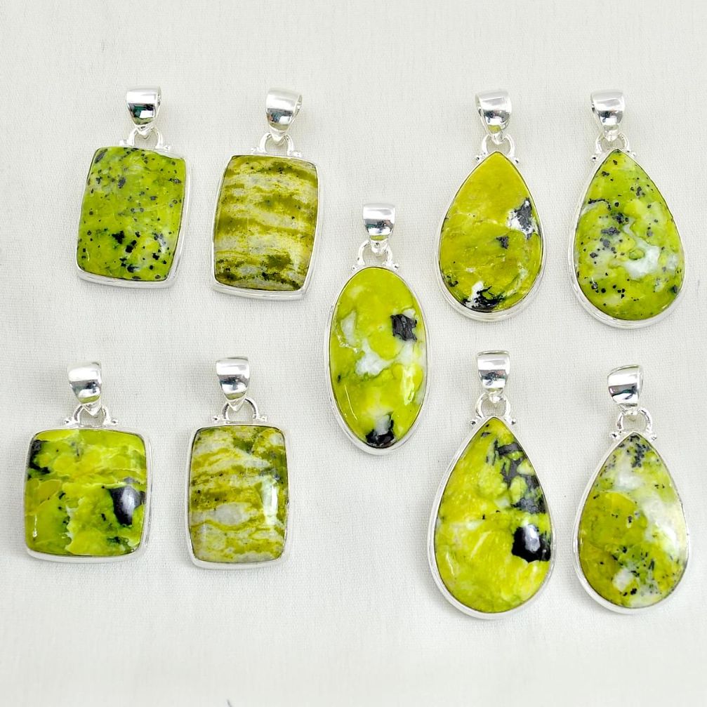 Wholesale lot of 9 natural yellow lizardite (meditation stone) 925 silver pendant w1554