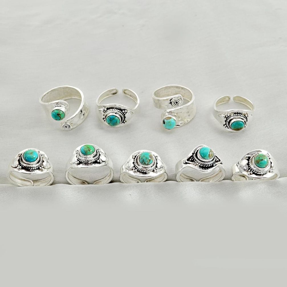 wholesale lot of 9 blue arizona mohave turquoise 925 silver adjustable ring (size 6 - 8)  W1587