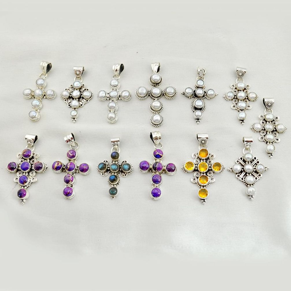 wholesale lot of 13 natural multicolor multi gemstone 925 silver holy cross pendant W1596