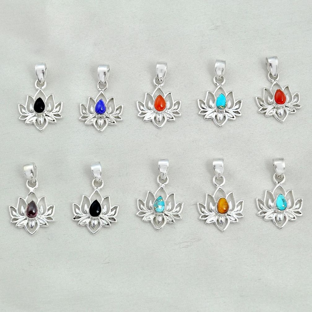 Wholesale lot of 10 natural multicolor multi gemstone 925 silver lotus pendant w1651