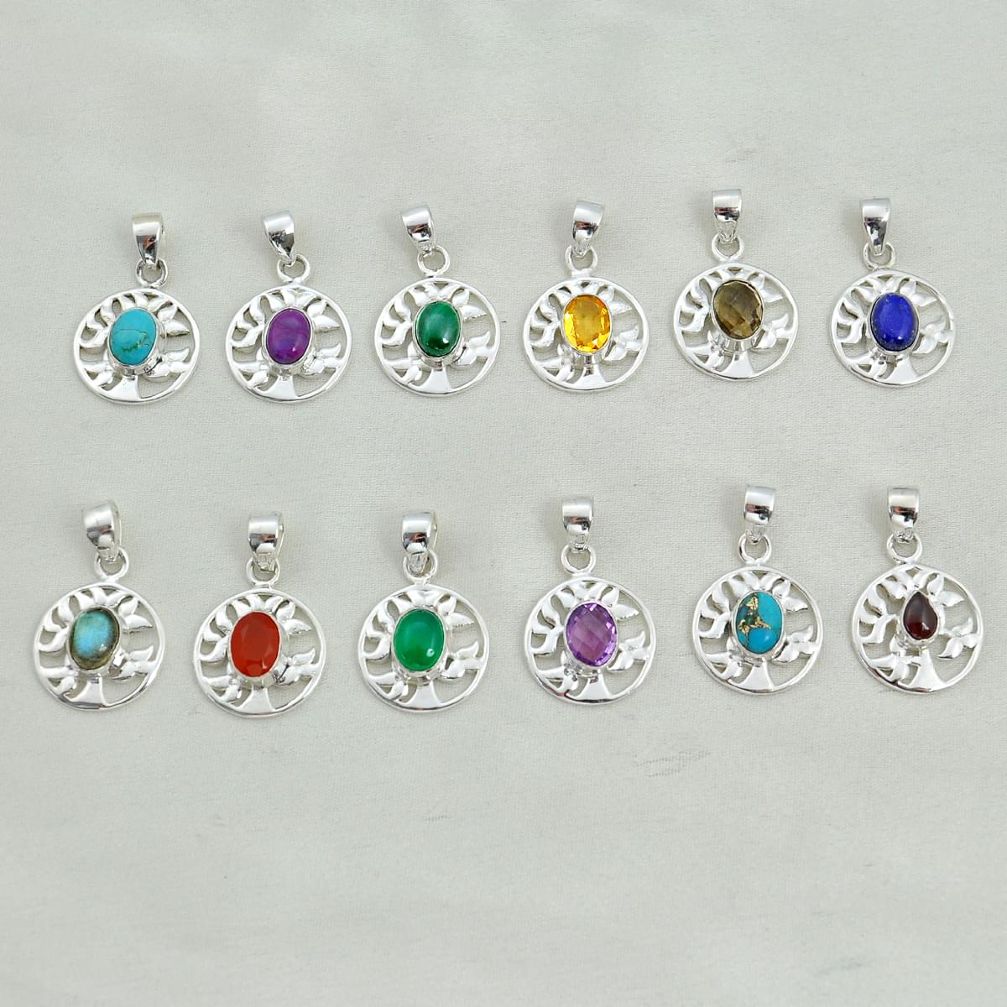 Wholesale lot of 12 natural multicolor multi gemstone 925 silver pendant w1659