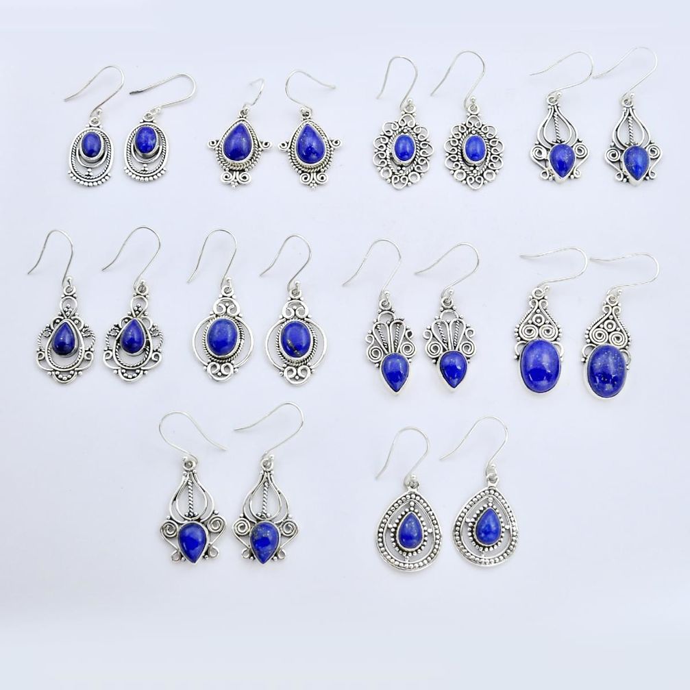 Wholesale lot of 10 natural blue lapis lazuli 925 silver earrings w1685