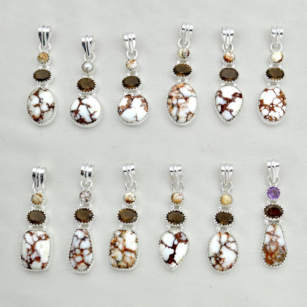 Wholesale lot of 12 natural multicolor multi gemstone 925 silver pendant w1690