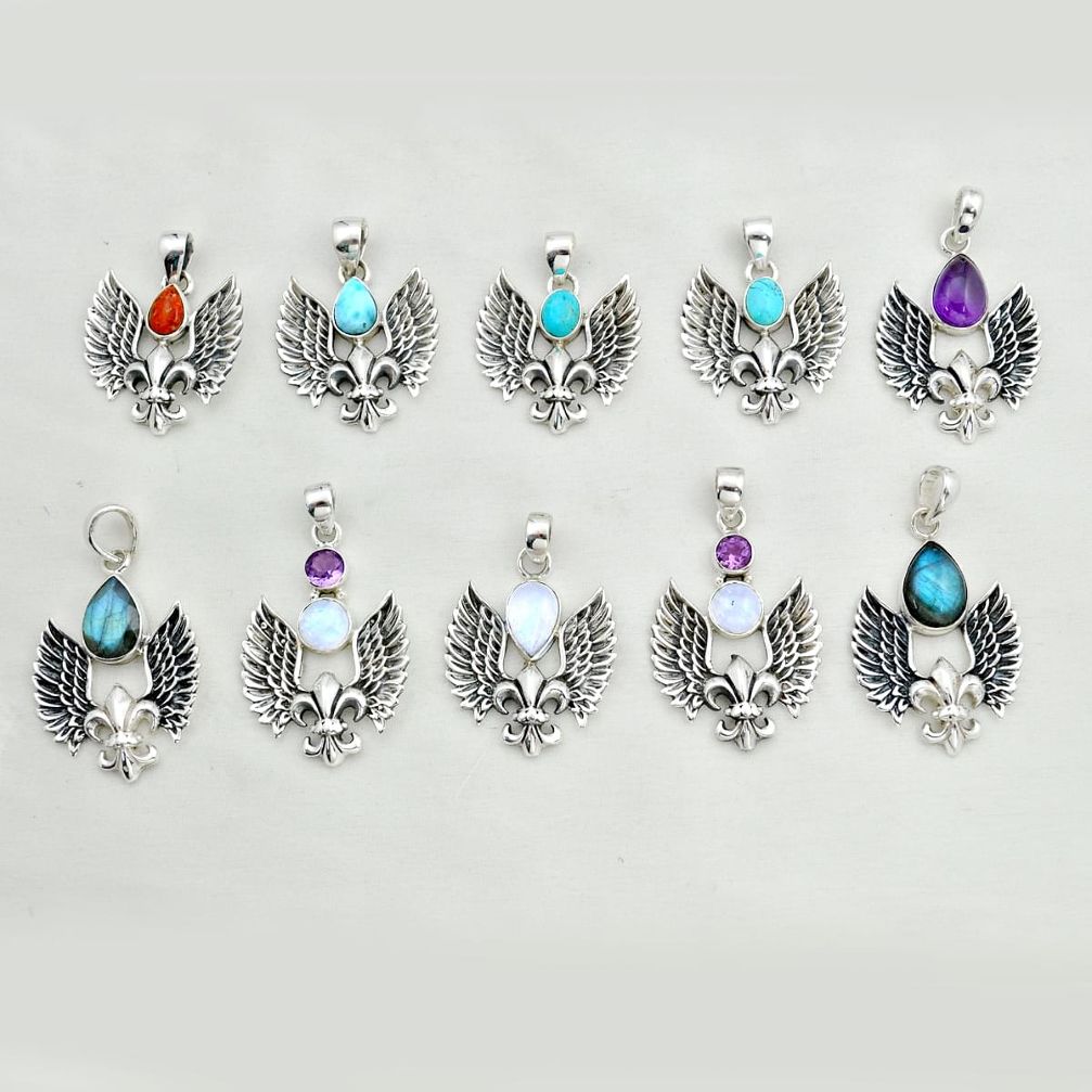 Wholesale lot of 10 natural multicolor multi gemstone 925 silver pendant w1692