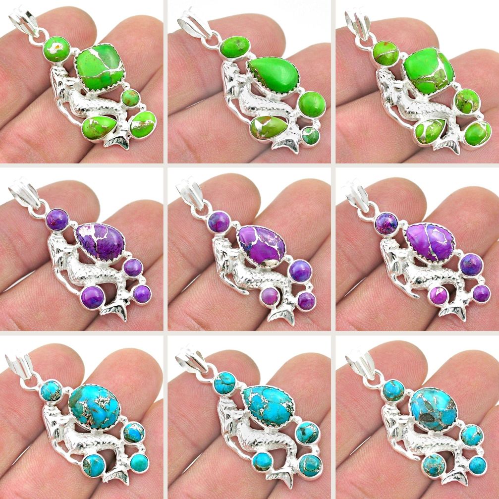 50.97cts wholesale lot of 9 multicolor copper turquoise 925 silver fairy mermaid pendant W1722