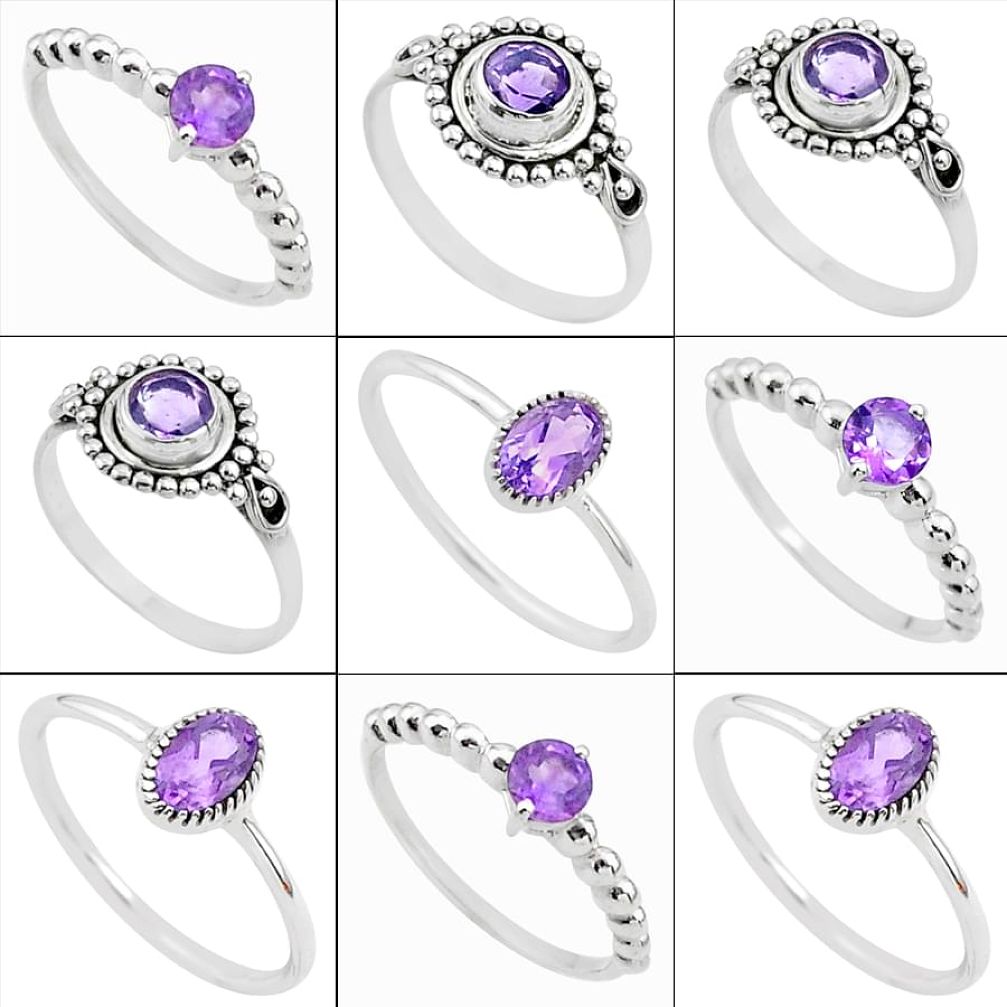 7.56cts wholesale lot of 9 natural purple amethyst 925 silver ring size 6 - 9