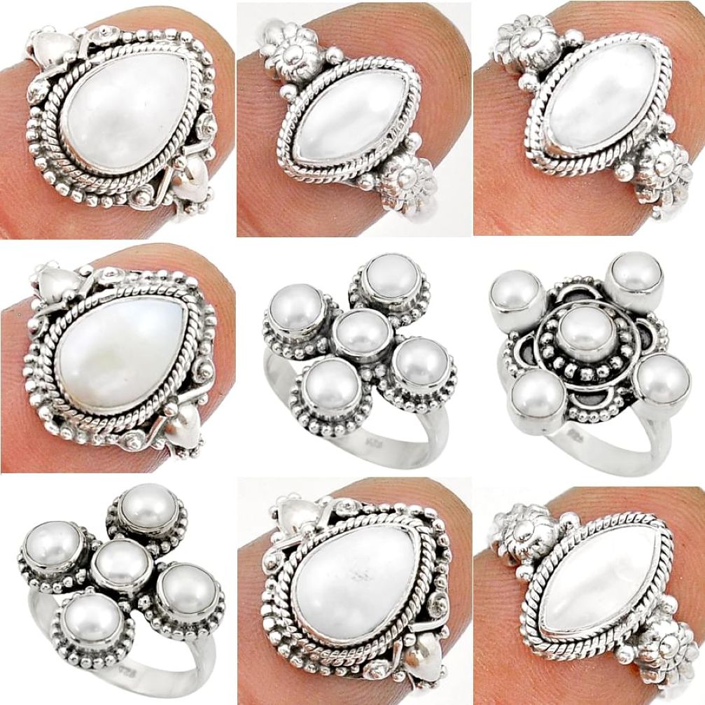 29.34cts wholesale lot of 9 natural white pearl 925 silver ring size 5.5 - 9 W1735