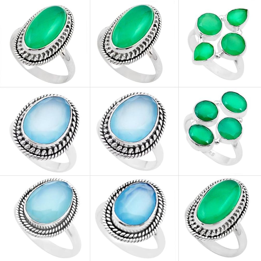 59.54cts wholesale lot of 9 natural green chalcedony 925 silver ring size 6.5 - 8.5 W1736