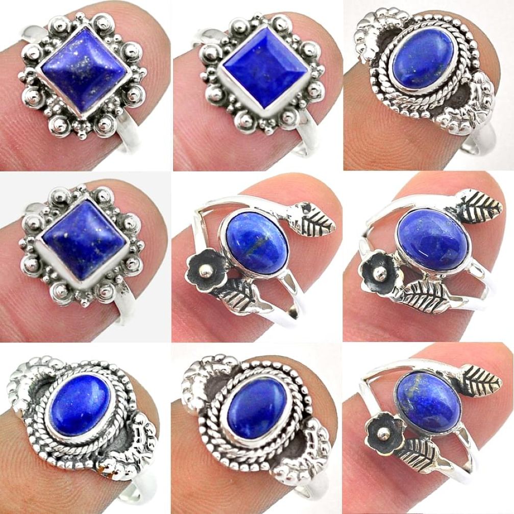 23.51cts wholesale lot of 9 natural blue lapis lazuli 925 silver ring size 6.5 - 9