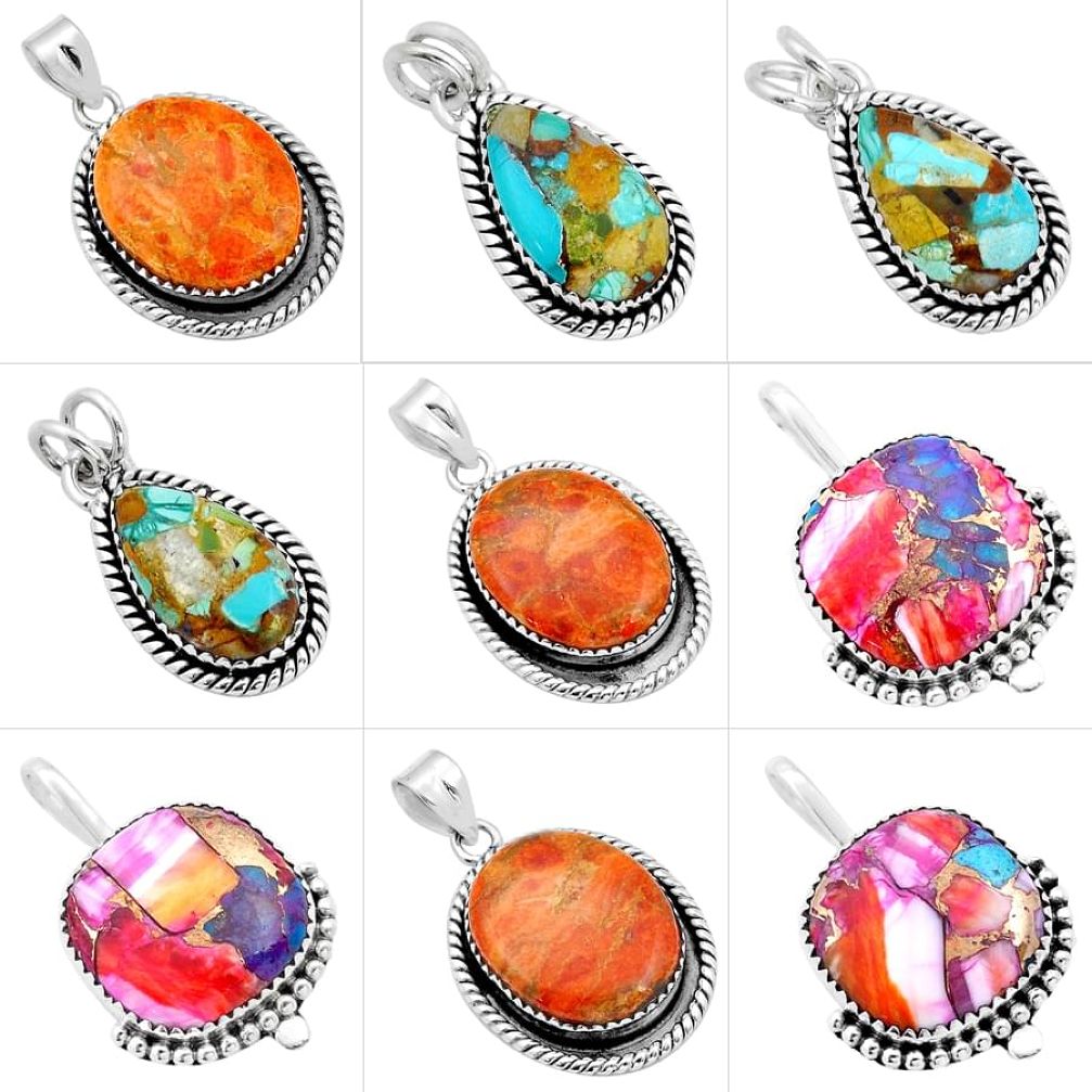 98.81cts wholesale lot of 9 natural multicolor multi gemstone 925 silver pendant W1740