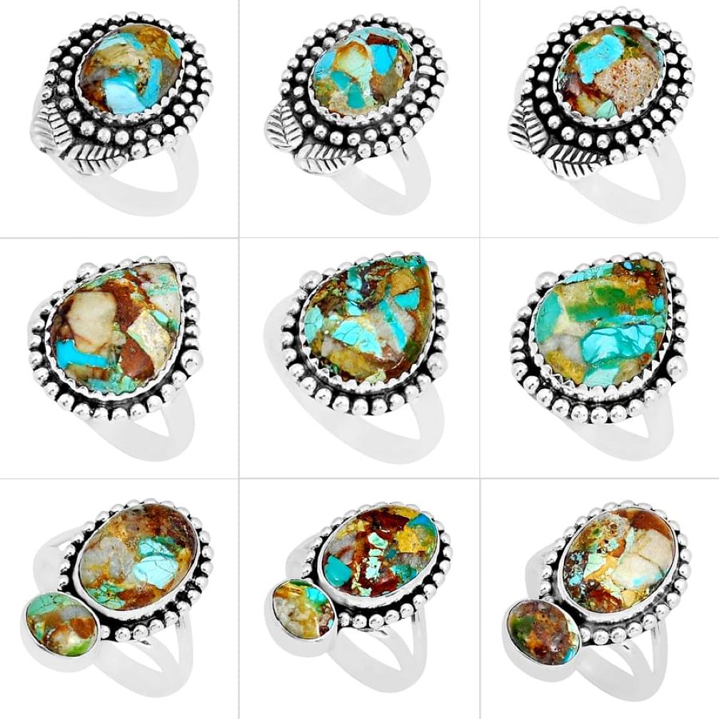 48.06cts wholesale lot of 9 matrix royston turquoise 925 silver ring jewelry size 7 - 9.5