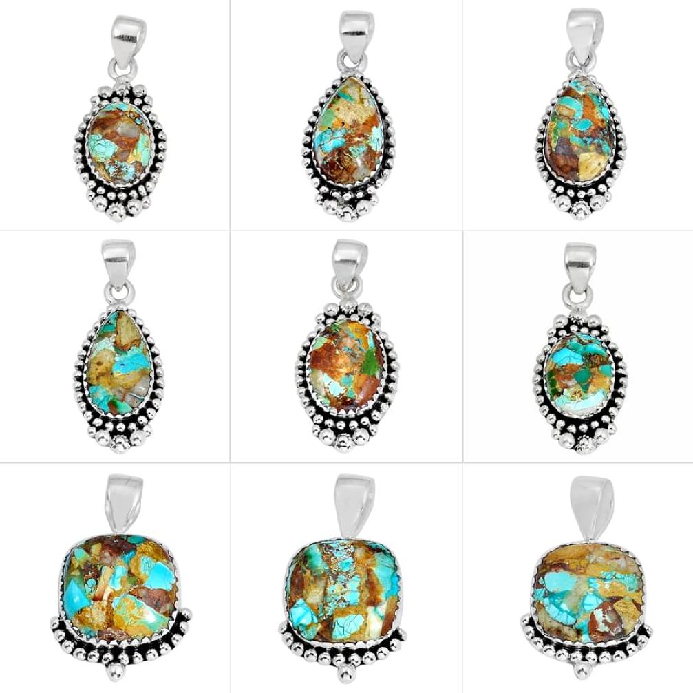 52.63cts wholesale lot of 9 matrix royston turquoise 925 sterling silver pendant jewelry W1753
