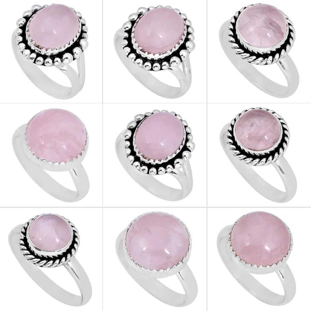 37.03cts wholesale lot of 9 natural pink rose quartz 925 silver ring size 6 - 11