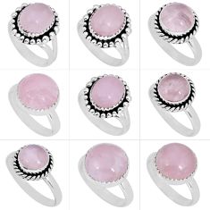 37.03cts wholesale lot of 9 natural pink rose quartz 925 silver ring size 6 - 11