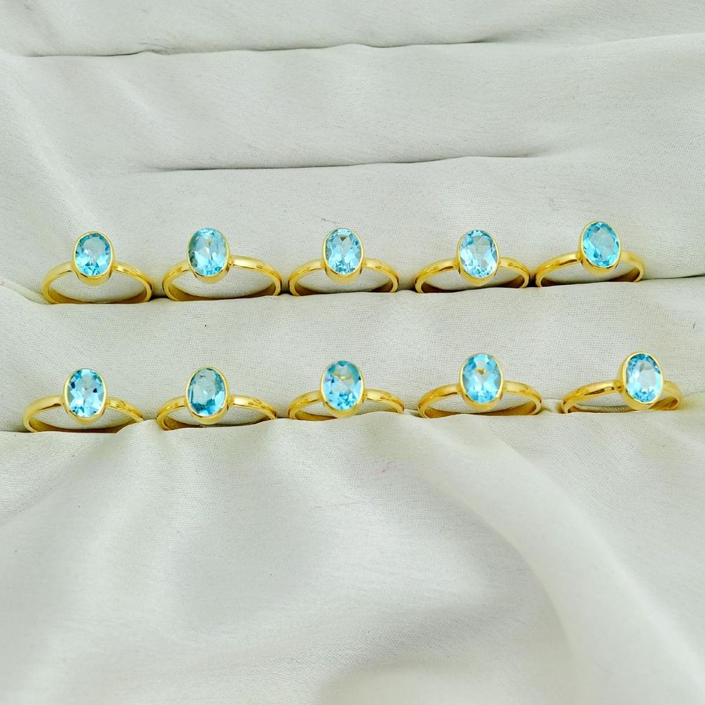 Wholesale lot of 10 natural blue topaz 925 silver ring (size 6 - 8) w1775