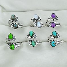 Wholesale lot of 6 natural multicolor multi gemstone 925 silver adjustable ring (size 7.5 - 9.5) w1781