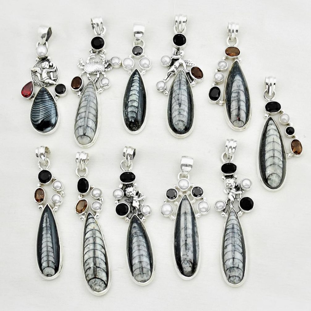 Wholesale lot of 11 natural black orthoceras 925 silver pendant w 1834