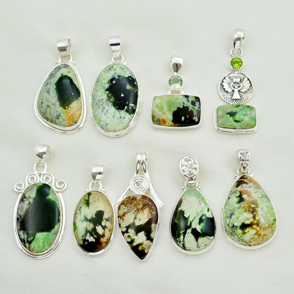 Wholesale lot of 9 natural green chrome chalcedony 925 silver pendant w 1836
