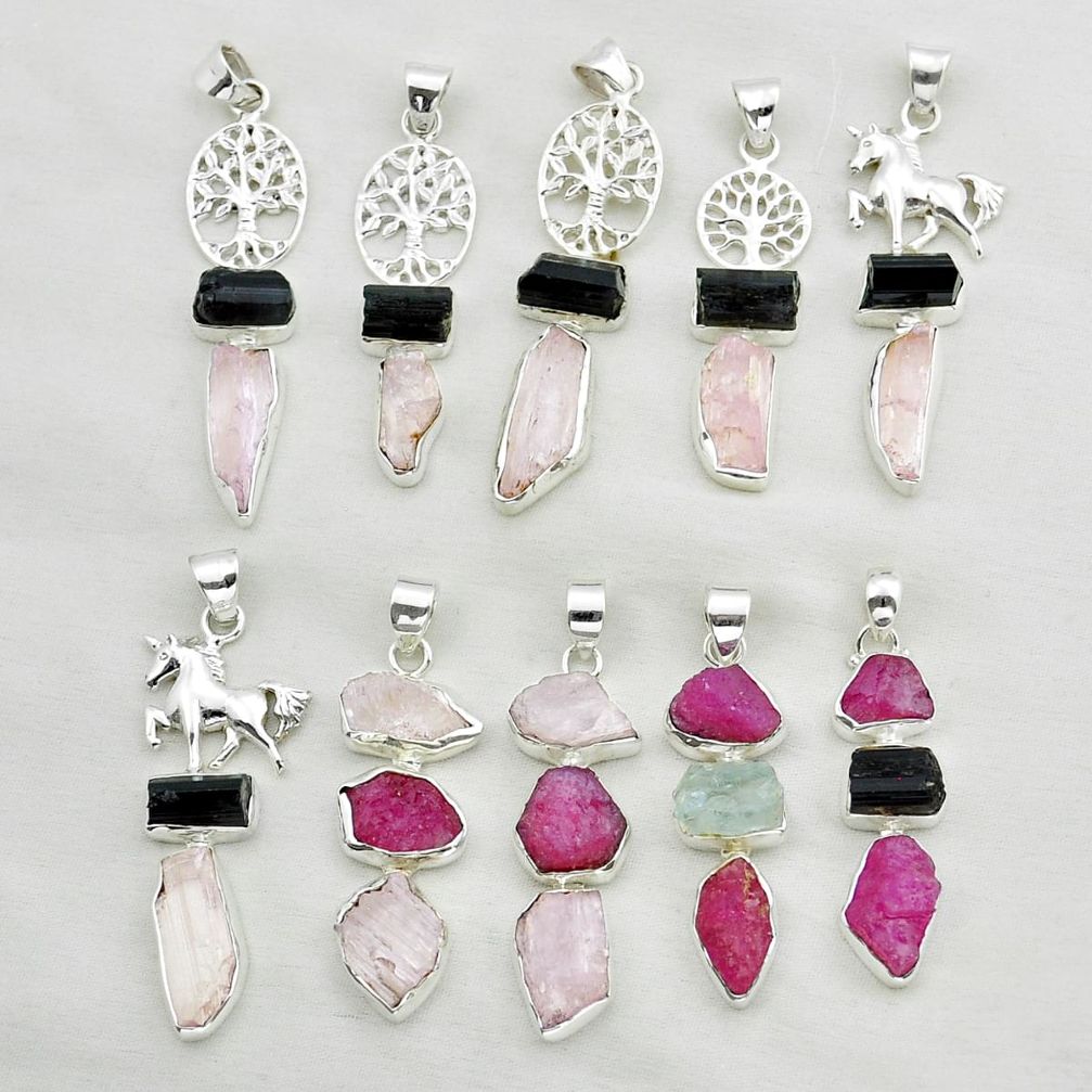 Wholesale lot of 10 natural pink ruby rough 925 silver pendant w 1837