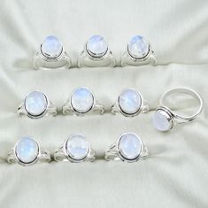 Wholesale lot of 10 natural rainbow moonstone 925 silver ring (size 5.5 - 8) w 1864