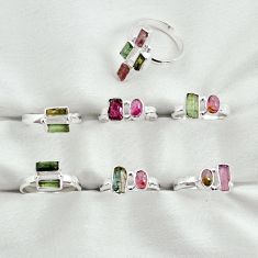 Wholesale lot of 7 natural multi color tourmaline 925 silver ring (size 6.5 - 8) w1876