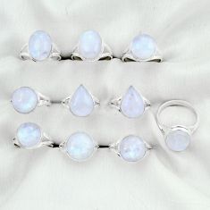 Wholesale lot of 10 natural rainbow moonstone 925 silver ring (size 8.5 - 10.5) w1885