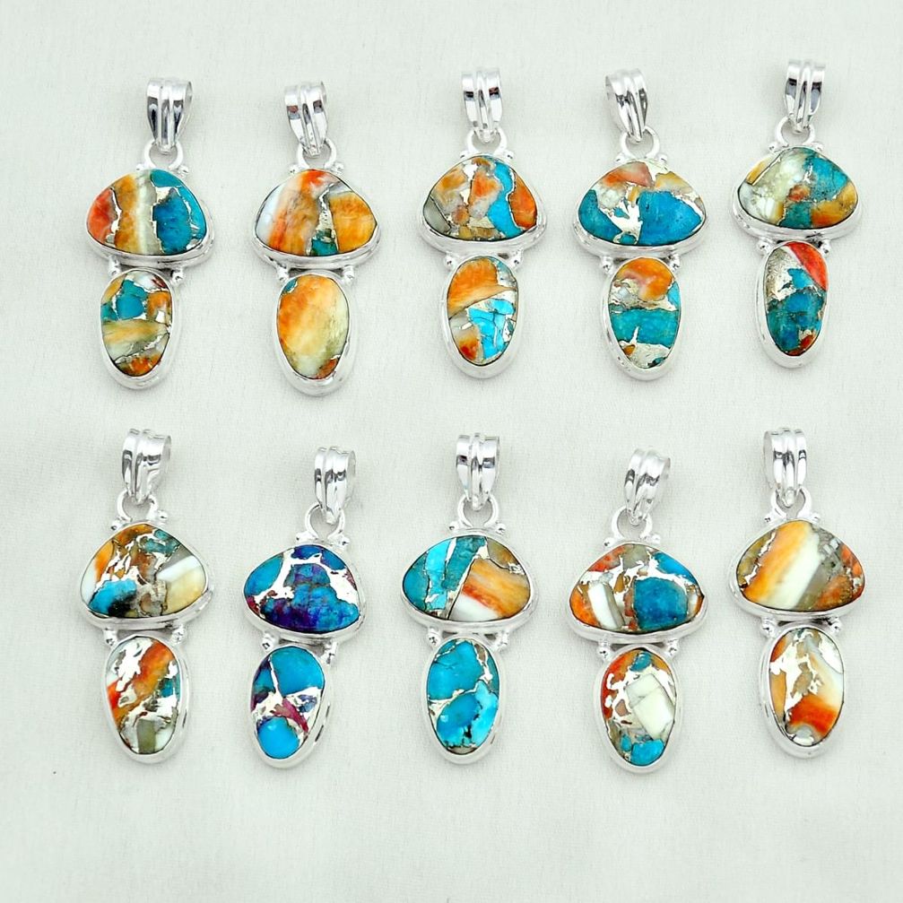 Wholesale lot of 10 spiny oyster arizona turquoise 925 silver pendant w1888