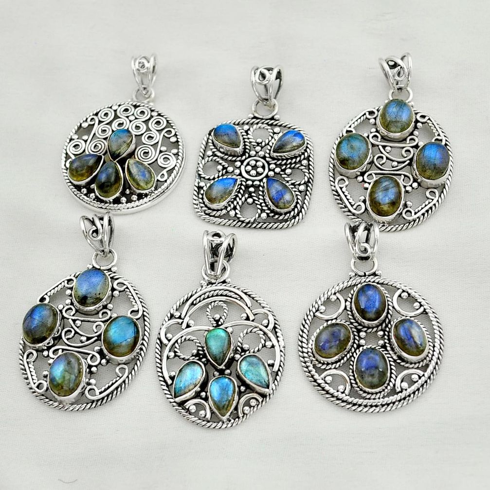 Wholesale lot of 6 natural blue labradorite 925 silver pendant w1916