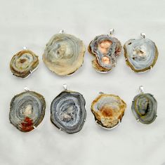 Wholesale lot of 8 natural grey desert druzy (chalcedony rose) 925 silver pendant w1920