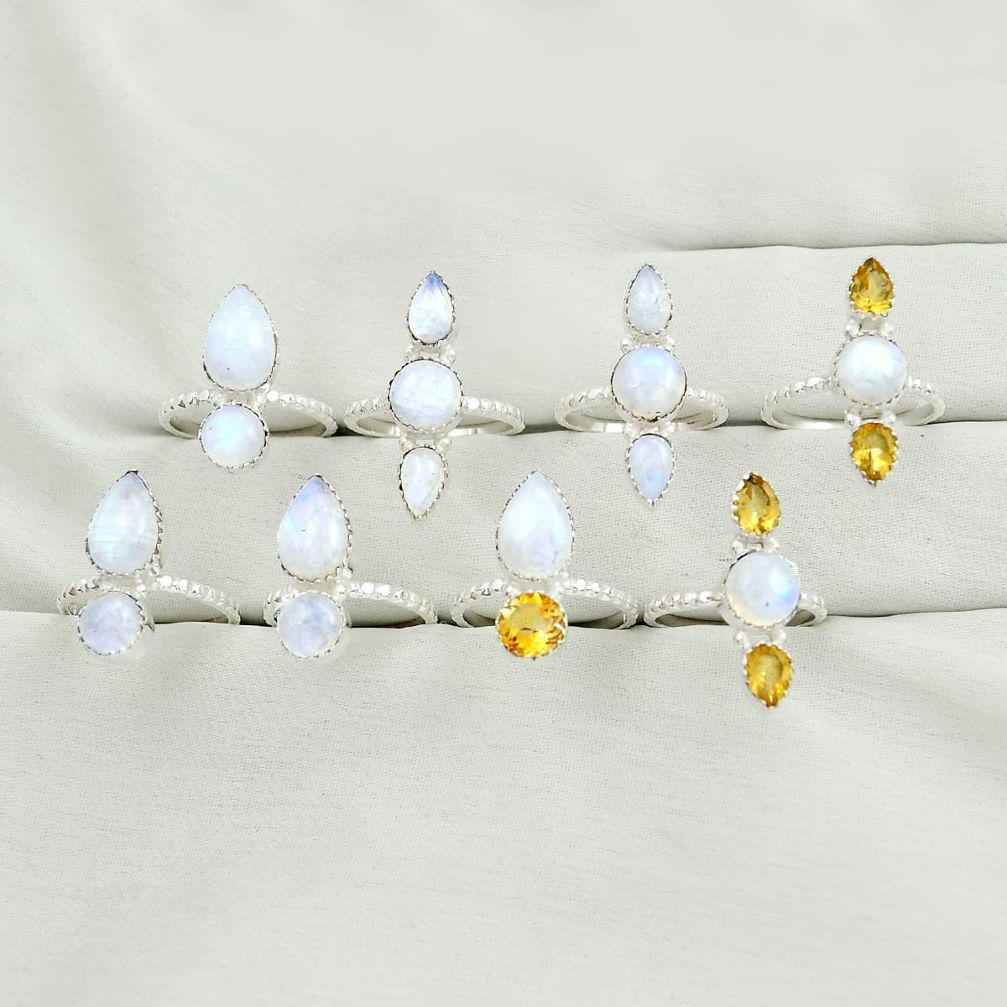 Wholesale lot of 8 natural rainbow moonstone and citrine 925 silver ring (size 7 - 8) w1935