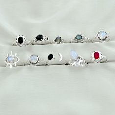 Wholesale lot of 10 natural multi color multi gemstone 925 sterling silver ring jewelry (size 6.5 - 9) w1948
