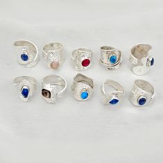 wholesale lot of 10 natural multi color multi gemstone 925 sterling silver adjustable ring jewelry (size 6.5 - 9) W1989