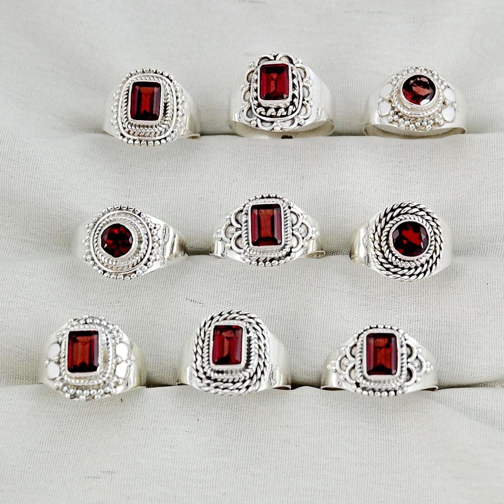 Wholesale lot of 9 natural red garnet 925 silver ring (size 5.5 - 8.5) w 2157