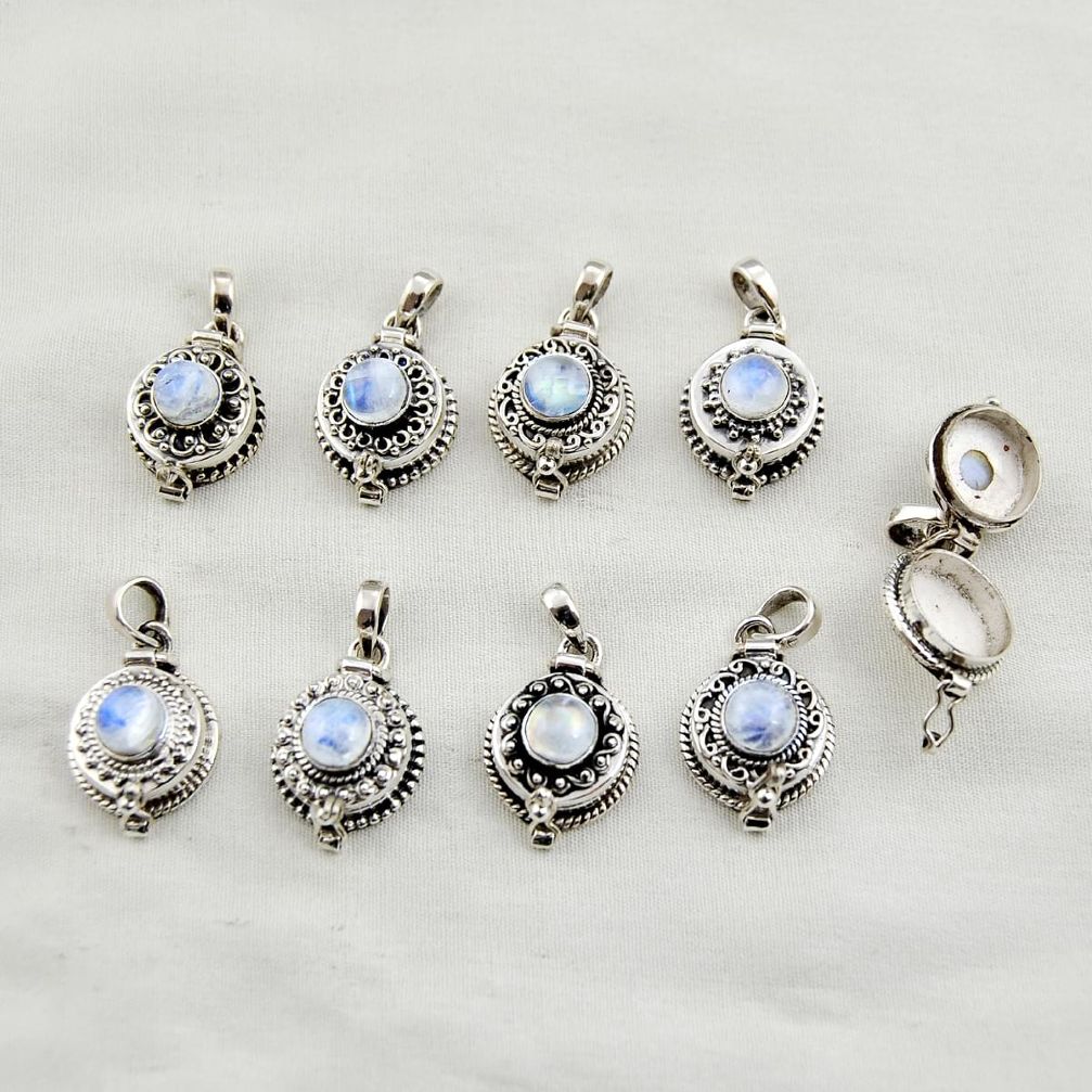 Wholesale lot of 9 natural rainbow moonstone 925 silver poison box pendant w2212