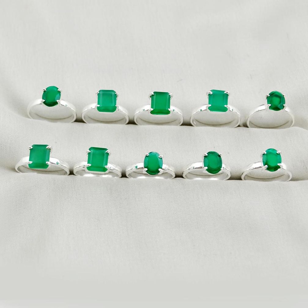 Wholesale lot of 10 natural green chalcedony 925 silver ring (size 5.5 - 9) w2247