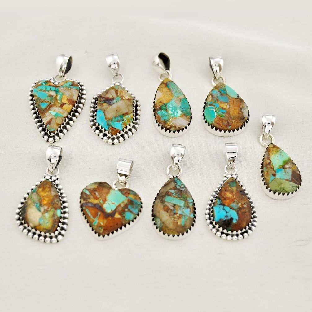 Wholesale lot of 9 matrix royston turquoise  925 sterling silver pendant w2277
