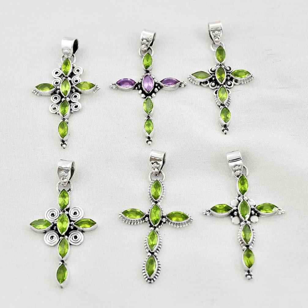 38.87cts wholesale lot of 6 natural green peridot amethyst 925 silver pendant