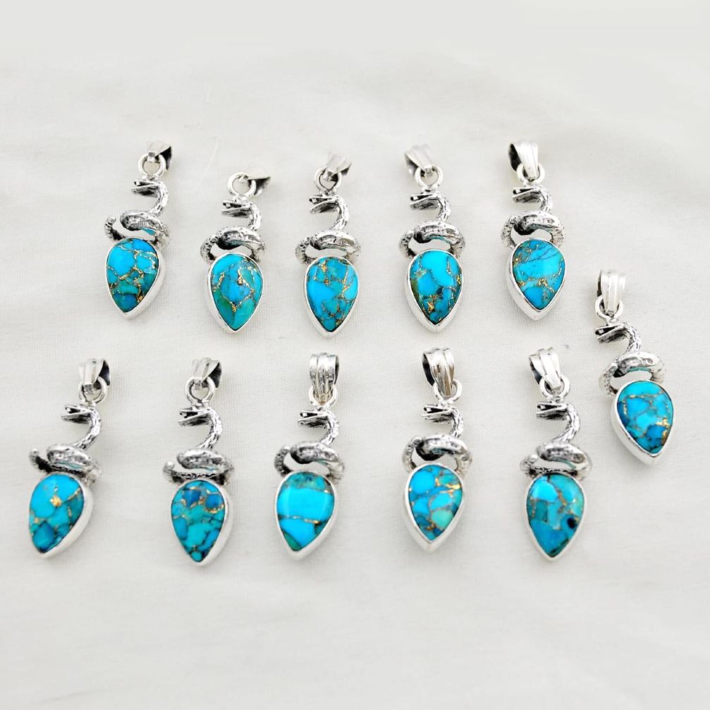 Wholesale lot of 11 blue copper turquoise 925 silver snake pendant w2472