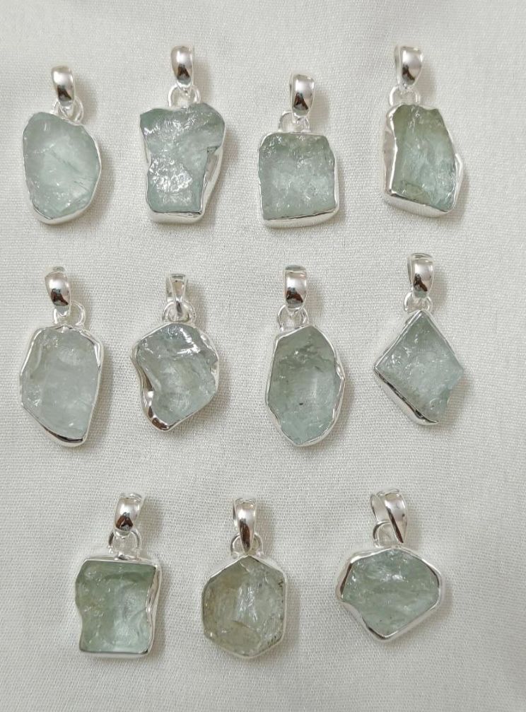 Wholesale lot of 11 natural aqua aquamarine rough 925 silver pendants