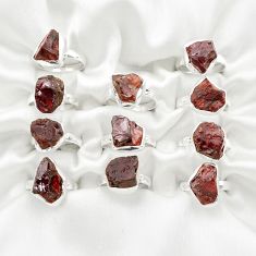 Wholesale lot of 11 natural red garnet rough 925 silver ring (size 7-9)