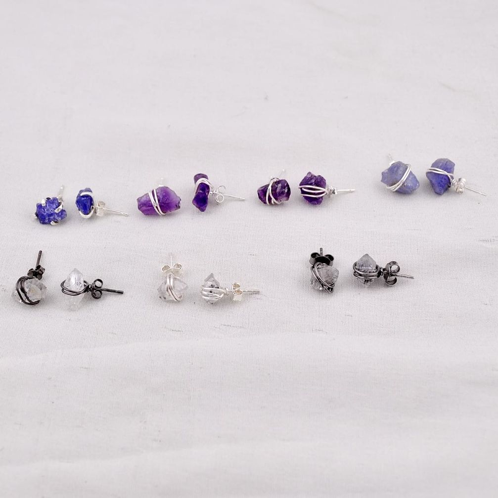 Wholesale lot of 7 natural multicolor multi gemstone 925 silver stud earrings w2840