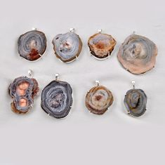 Wholesale lot of 8 natural grey desert druzy (chalcedony rose) 925 silver pendant w2853